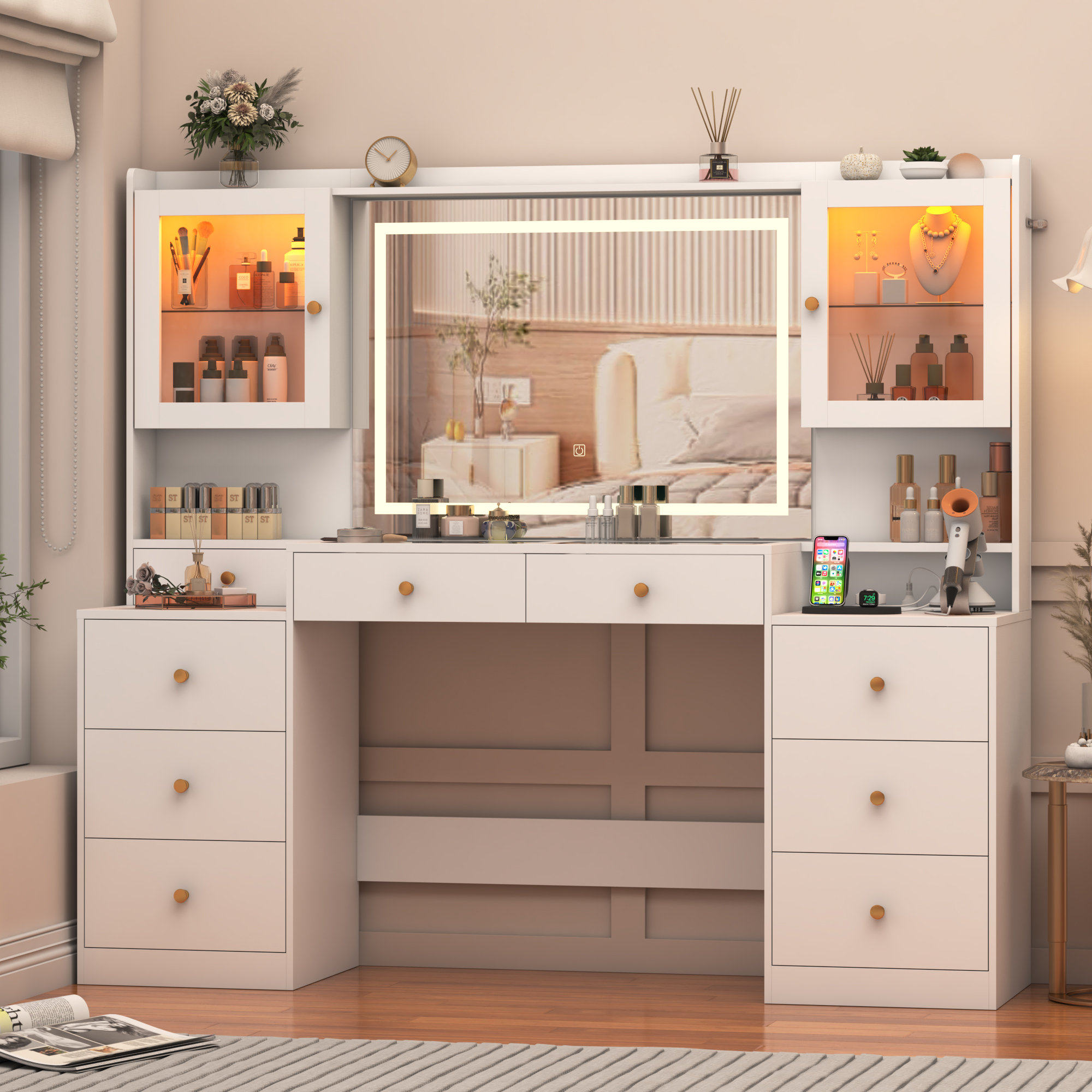 Wrought Studio 62" Vanity Desk With Lighted Mirror, Tempered Glass Top